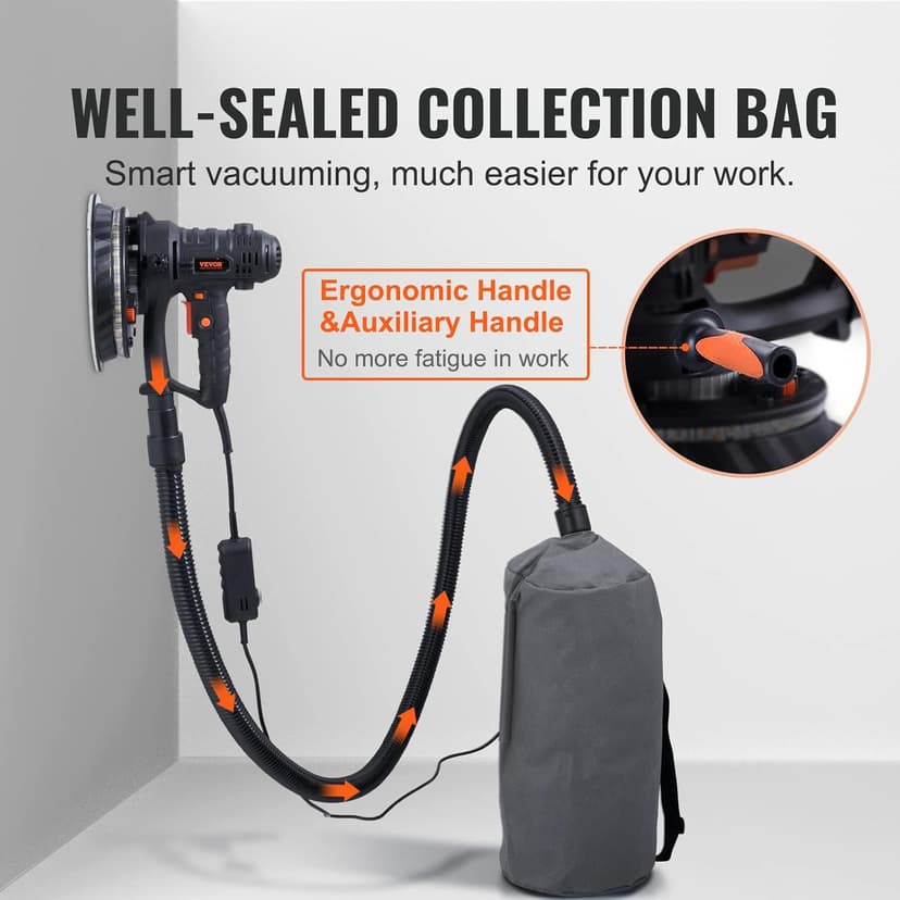 VEVOR Drywall Sander, 800W Electric Sander with 12 Sanding Discs, Variable Speed 1200-2300 RPM Wall Sander with Automatic Vacuum Dust Collection System, Double LED Lights, Dust Bag, Detachable Edge