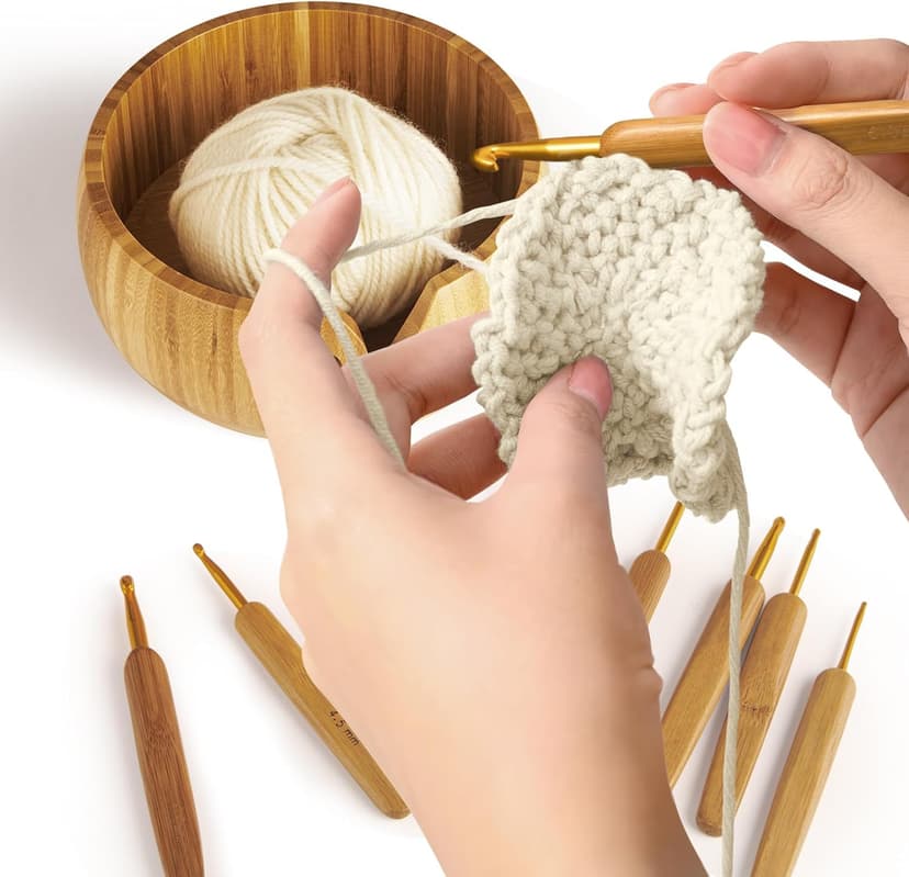 Wooden Yarn Bowl Holder, Craft Knitting Bowl with 8pcs Metal Crochet Hooks, 7.9''Large Yarn Holder Dispenser Yarn Storage Bowls, for Knitters & Crocheters (Bamboo 7.9 inch)