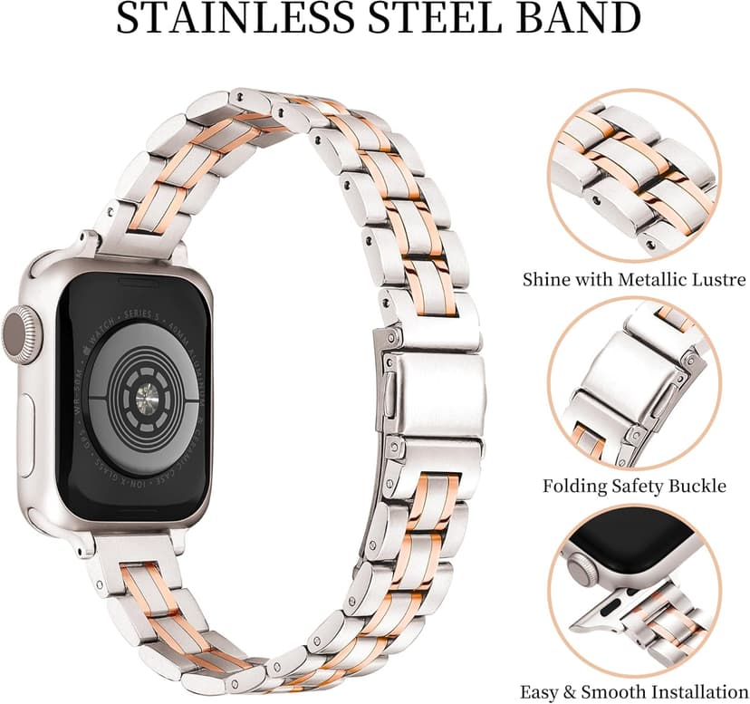 Slim Metal Band for Apple Watch Bands for Women 41mm 40mm 42mm(S10/11) 38mm iWatch Bands, Thin Dressy Fancy Strap for Apple Watch Band Series 10 11 Series 9 8 SE 7 6 5 4 3-Starlight+Rose Gold