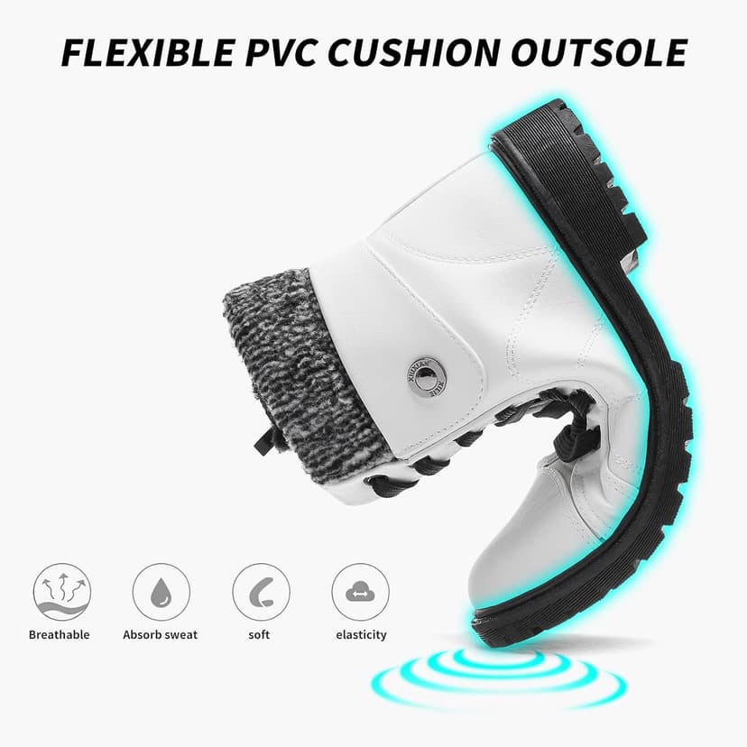 FRACORA Women's PU Leather Combat Boots Warm Fur Lined Black Ankle Booties Side Zipper White Boots Non-slip Winter Boots