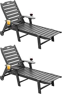 Carauci Lounge Chair Outdoor Set of 2, HDPE Chaise Lounge with Wheels, 5-Position Adjustable Backrest & 2 Cup Holders Patio Lounge Chair, All-Weather Pool Sun Lounger for Poolside, Backyard, Black