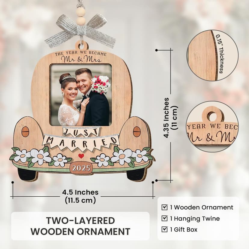 Just Married Personalized Christmas Ornaments - Wedding Gifts for Couples 2025, Bridal Shower Gift for Bride, Custom Wooden Ornaments with Picture, Newly Wed Gifts for The Couple Mr and Mrs Engagement