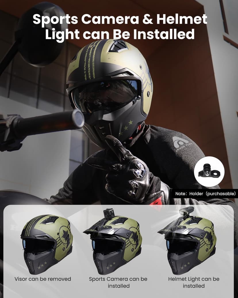 ILM Open Face Motorcycle 3/4 Half Helmet for Men and Women, Vintage Retro Helmet with Visor for Moped ATV Cruiser Scooter DOT Model Z302(Army Green,X-Large)