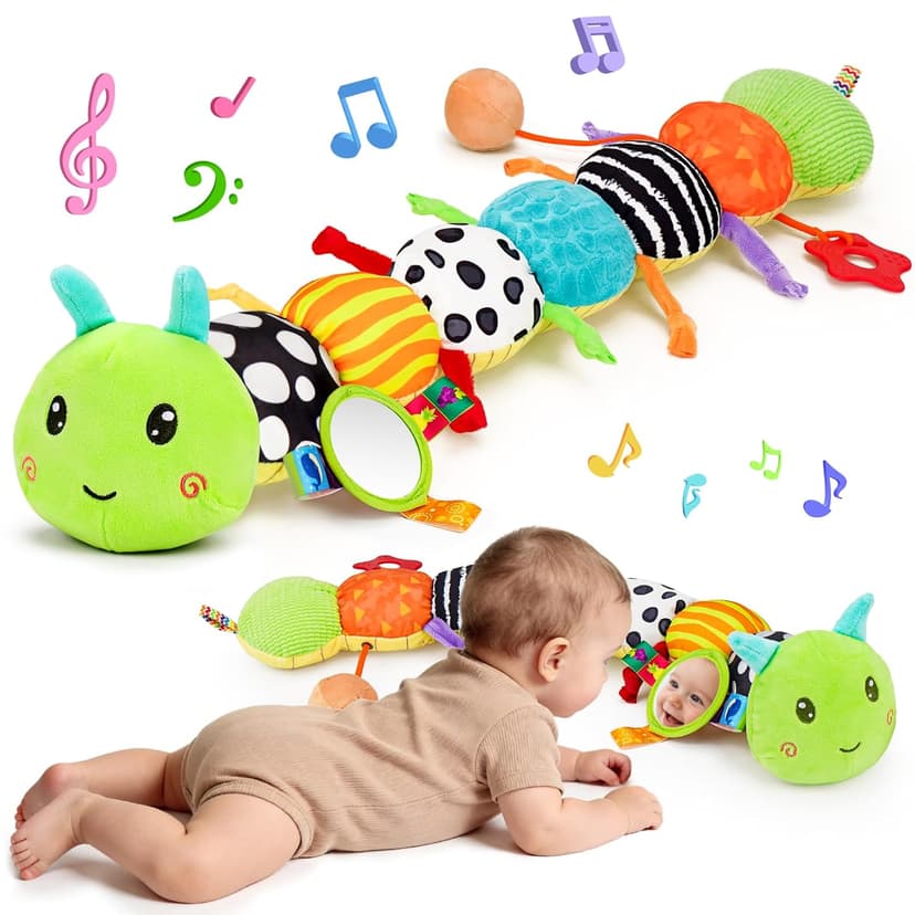 Baby Sensory Toy 0-6 Month Music Animal Stuffed Plush Caterpillar Toy for Infant 0-3-6-12 Month Old Tummy Time with Baby Mirror Crinkle Rattle Carseat Toys for Newborn Boys Girl Shower Gifts