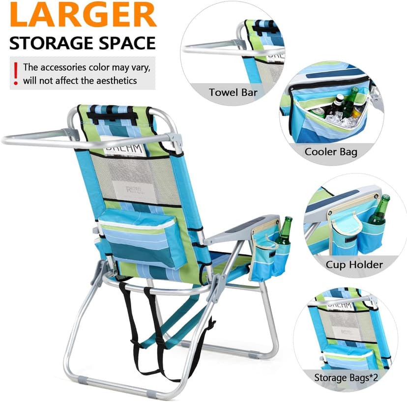 VINGLI Tall Beach Chair 2 Pack Lightweight, Backpack Beach Chair for Adults with 5-Position, Cooler Bag, Cup Holders, Towel Bar, Lightweight Folding Beach Camping Chairs (Blue/Green-16