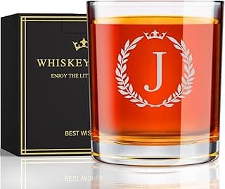 Personalized Whiskey Glasses Gifts for Men, Monogrammed Engraved A-Z 10.6 oz Rocks Glass Customized Gift, Unique Christmas Birthday Gifts for Men Him Dad Husband Brother Son (J)