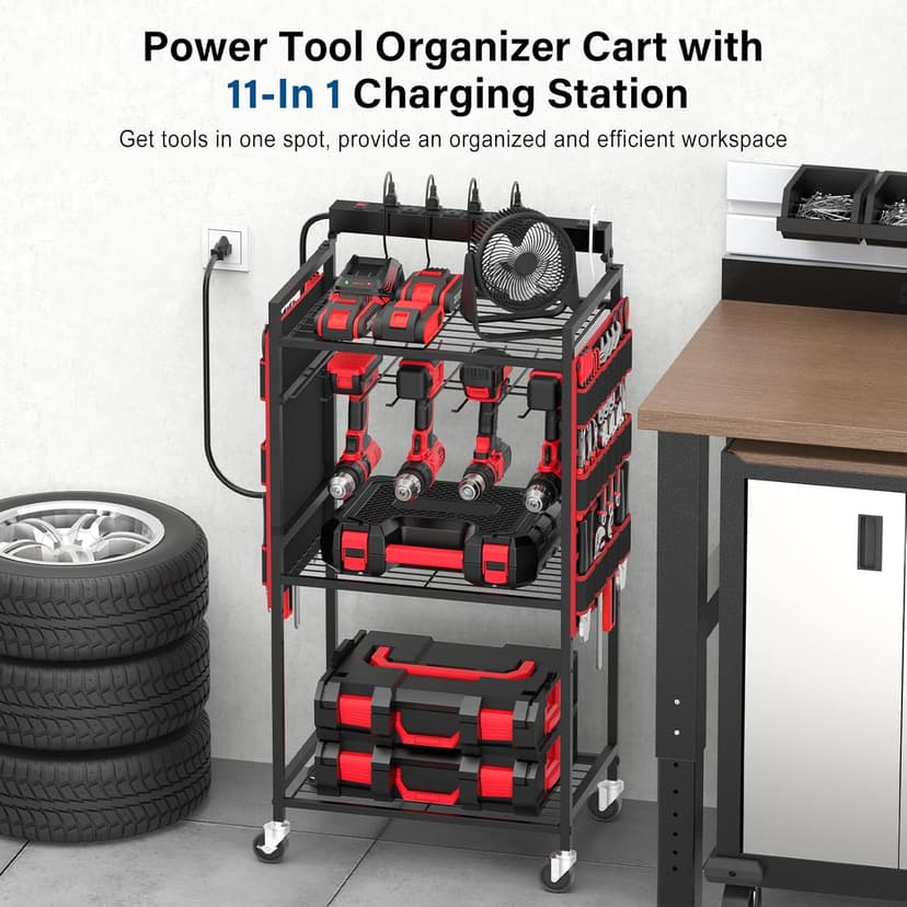 Floor Rolling, Large Tools Storage Cart on Wheels, Heavy Duty Drill Battery Station, Utility Rack Shelf for Garage Workshop JUNNUJ Power Tool Charging Organizer Cart, 8 Outlet 3 USB, 6 FT Cord, Red B0F378R323