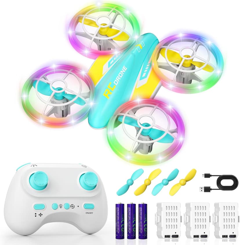 LED RC Drone for Kids 6+, Christmas Birthday Gift for Boys & Girls with Remote Batteries, 360° Flip, High Speed Mode, 45 Min Flight Indoor and Outdoor Flying Toy - Blue Yellow