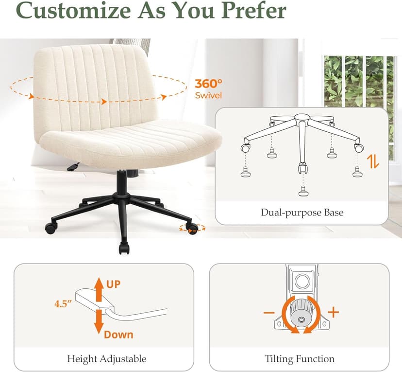 Orange Factory Criss Cross Chair Wheels Wide Cross Legged Office Desk Vanity Dual Base Comfy Fabric Armless Adjustable Swivel for Home Computer Task (Beige Dual Base, Fabric)
