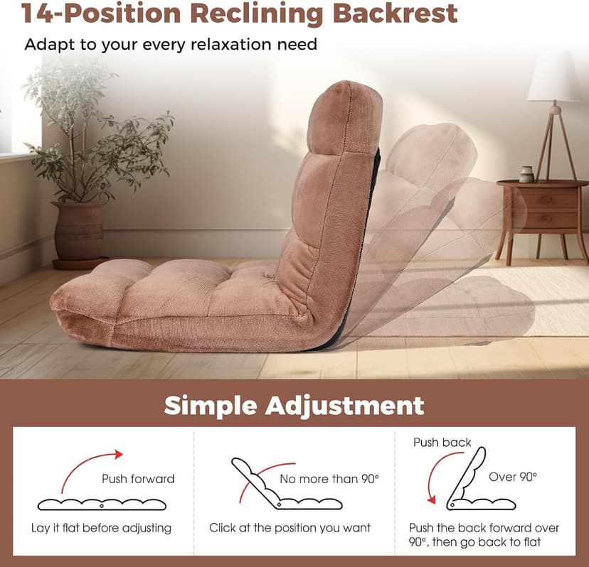 COSTWAY Floor Chair, Video Gaming Chairs with Back Support, Adjustable 14-Position, Alloy Steel Frame, Lazy Sofa Lounge Recliner for Adults Kids (Tan)