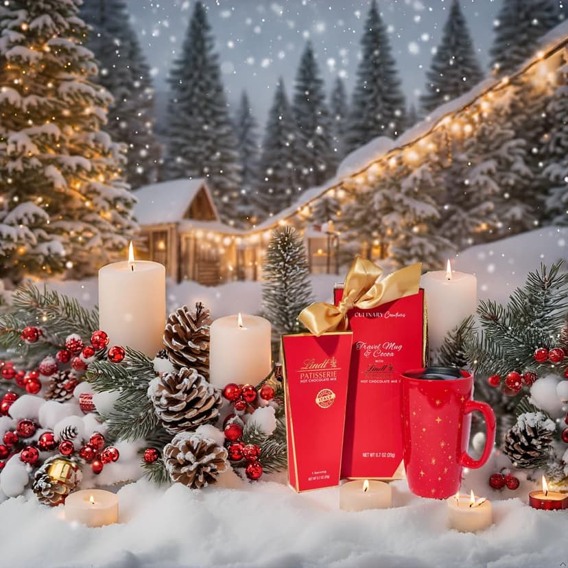 Travel Mug and Hot Cocoa Set, Includes Lindt Gourmet Hot Chocolate Mix and Ceramic Travel Tumbler with Lid in a Giftable Box, Great for Christmas