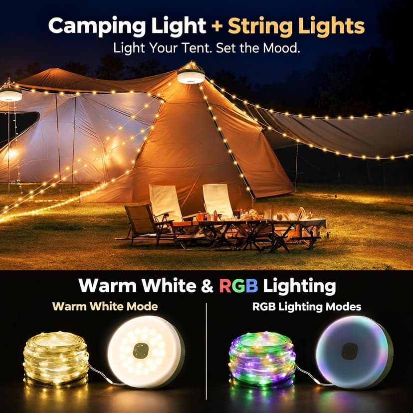 Quick Storage Rechargeable Tent Light,Waterproof Hanging LED Design for Awning Patio Indoor Outdoor Decor Camping Essentials Camping String Lights, 32.8FT Rechargeable with Storage Reel, 8 Modes B0F3HZZNNP