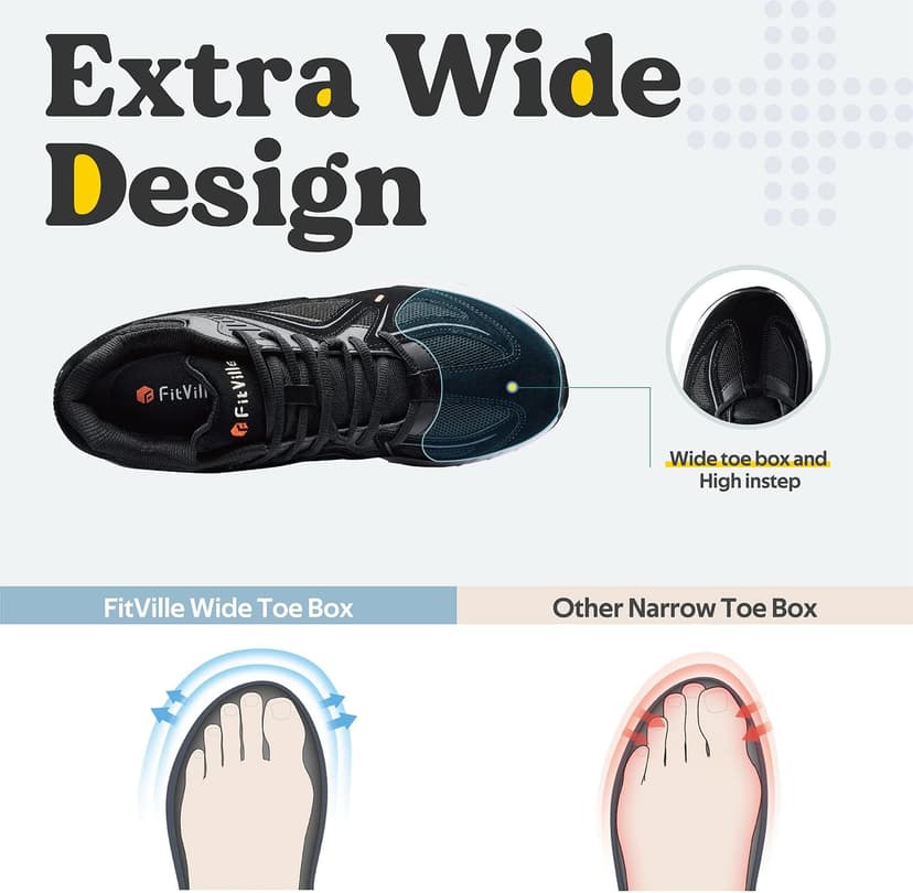 FitVille Extra Wide Walking Shoes for Men Wide Width Sneakers for Flat Feet Heel Pain Relief - Rebound Core