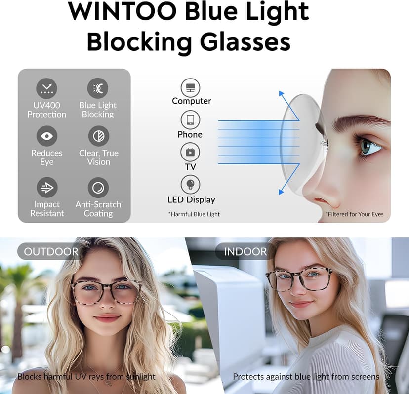 WINTOO Blue Light Glasses for Woman Men | 99% Blue Light Blocking Glasses for Computer Gaming TV Phone Screen Square Frame | Anti Eyestrain & UV Glare Protection - 5 Pair