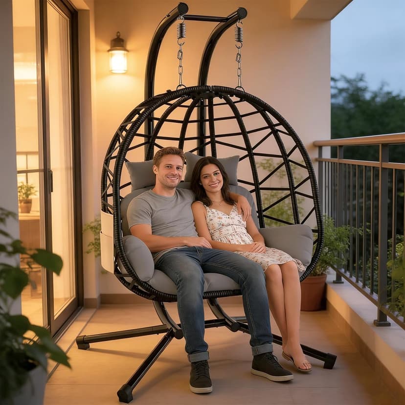 Suteck Double Hanging Egg Chair with Stand, Outdoor Indoor 2 Person Wicker Egg Swing Chair with Cushion, 700lbs Capacity for Patio, Bedroom, Garden - Black