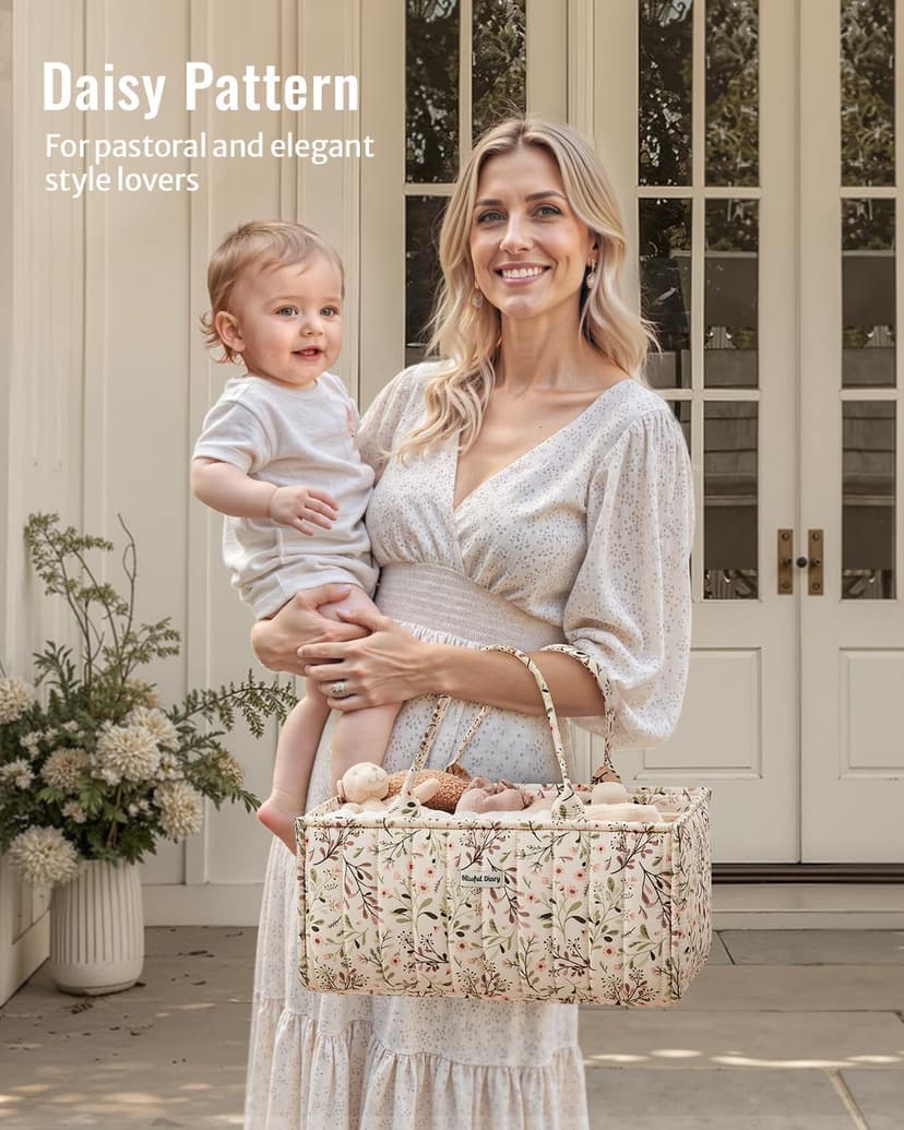 Portable Storage Basket with Removable Dividers, Gift for Baby Shower, Newborn Boy & Girl Essentials, Baby Registry Must Have Blissful Diary Floral Diaper Caddy Organizer Storage Basket, Pastoral Daisy B0DGXCCBR5