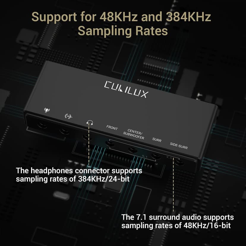Cubilux 7.1 USB Surround Sound Card- 48KHz-384KHz Sample Rate for Headphones, Full Aluminum Alloy USB A External Sound Card for Laptop PC-Supports Line-in & Stereo Mic in