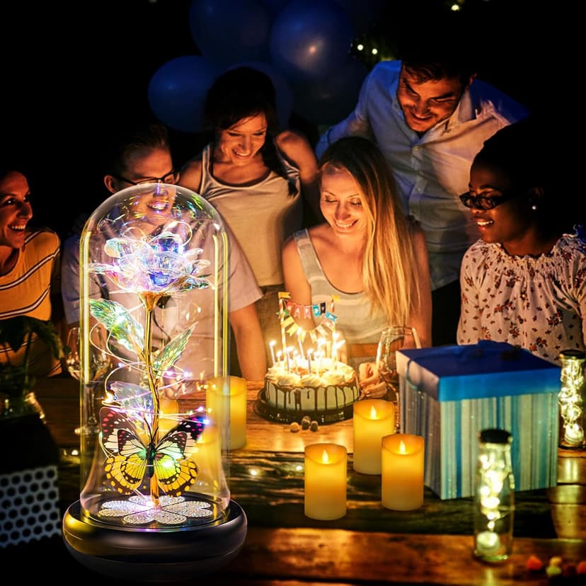 Birthday Gifts for Women Mom, Galaxy Glass Rose Forever Eternal Crystal Flower Light Up Rose in Glass Dome with Butterfly Mothers Day Christmas Rose Gifts for Her Wife Daughter Friends Colorful