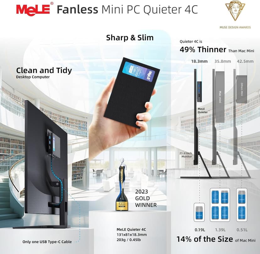 MeLE Quieter4C N150 Fanless Mini PC with Win-11-Pro,16GB RAM LPDDR5 512GB SSD Micro Desktop Computer,Dual HDMI,Support 4K Triple Display USB3.2x3,USB-C,WiFi BT5.1,Small Portable PC Industrial Business