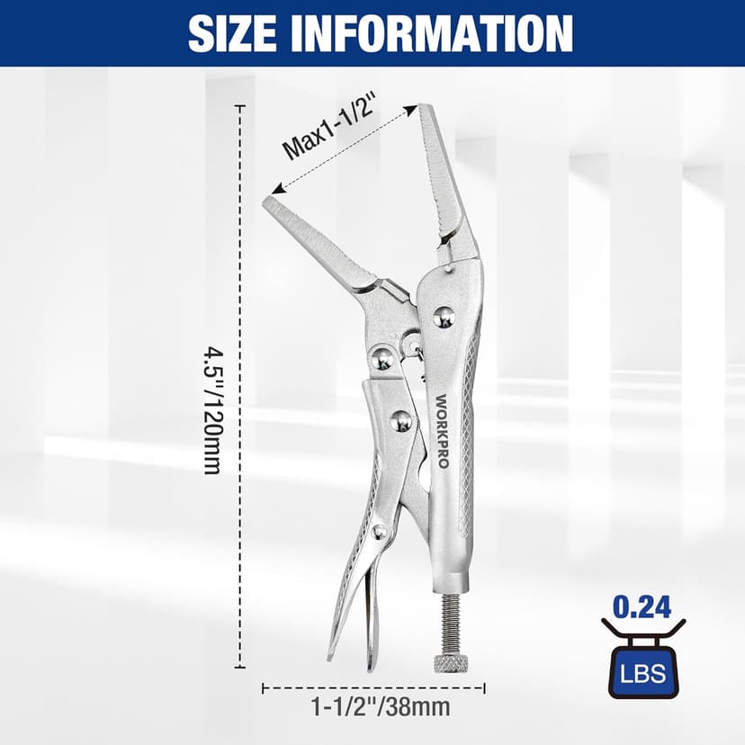WORKPRO 4-1/2 inch Mini Long Nose Locking Pliers, Chromium-Vanadium Steel Locking Pliers, Locking Adjustable Vise Grips for Clamping Twisting Welding
