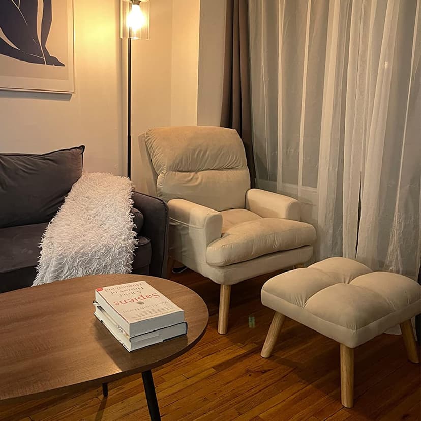 INZOY Accent Chairs with Ottoman Set, Modern Velvet Armchair with Adjustable Backrest, Comfy Lounge Chair for Living Room Bedroom, Beige
