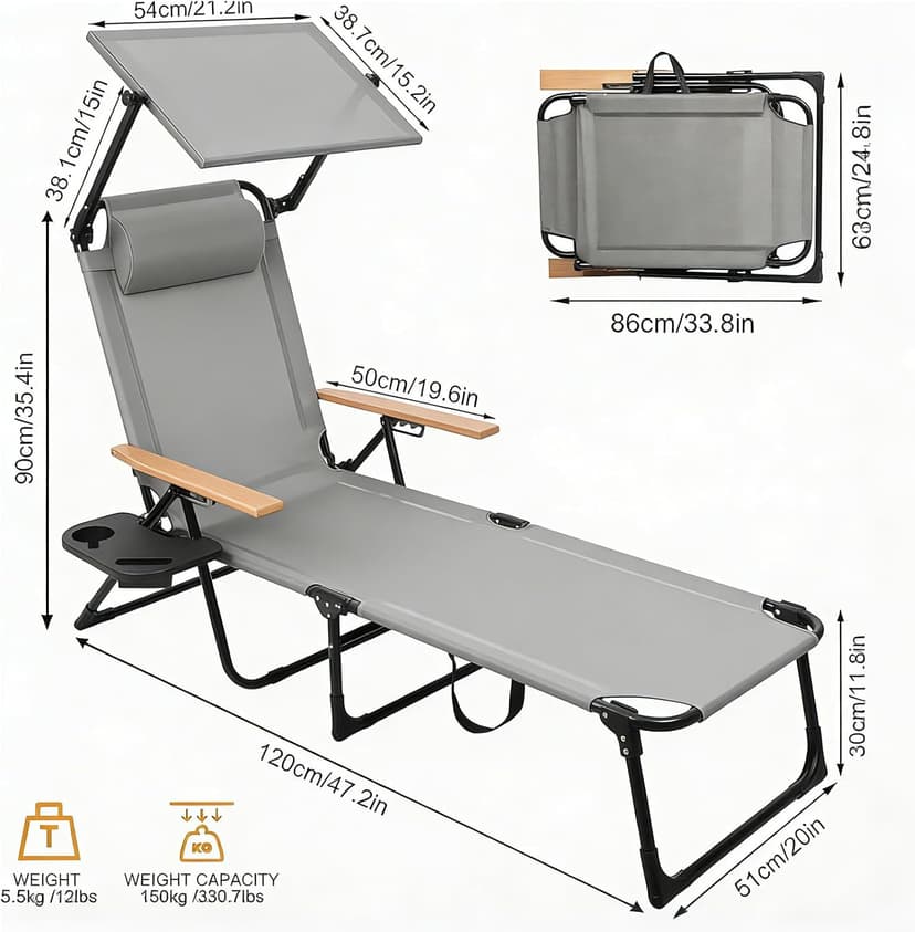 Folding Lounge Chair with Canopy, Tanning Chair with 4-Position Reclining Back, Folding Sun Lounger, Outdoor Lounge Chair for Beach, Poolside, Backyard, Camping, UPF 50+ Sun Shade, 300 LBS