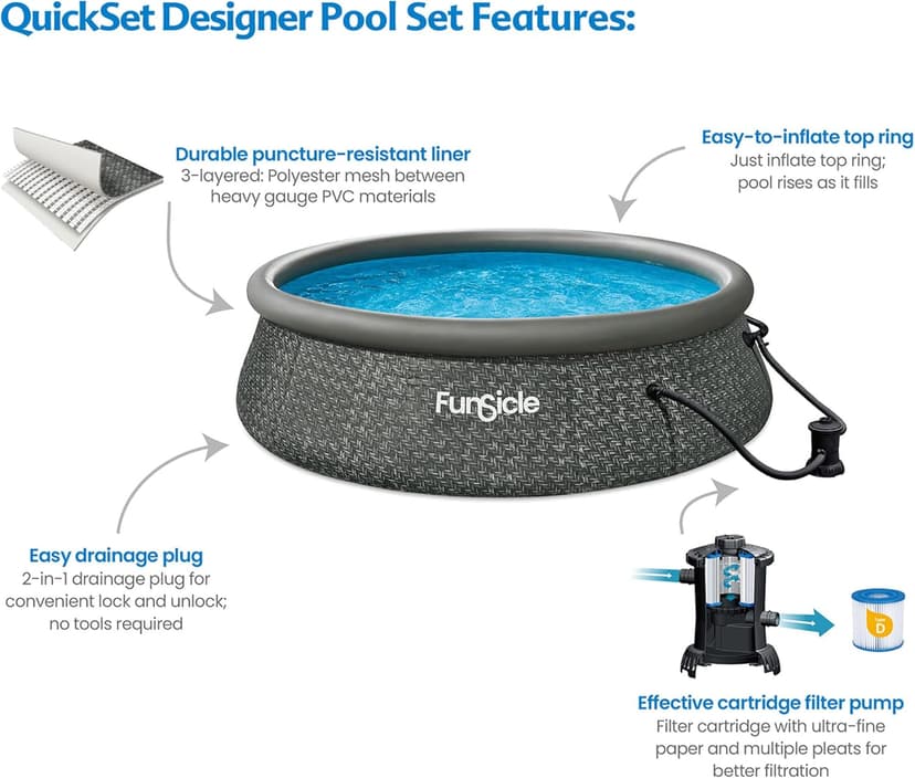 Funsicle Quickset 12ft x 36in Round Inflatable Above Ground Swimming Pool with Filter Pump – Easy Setup with Top Ring Design
