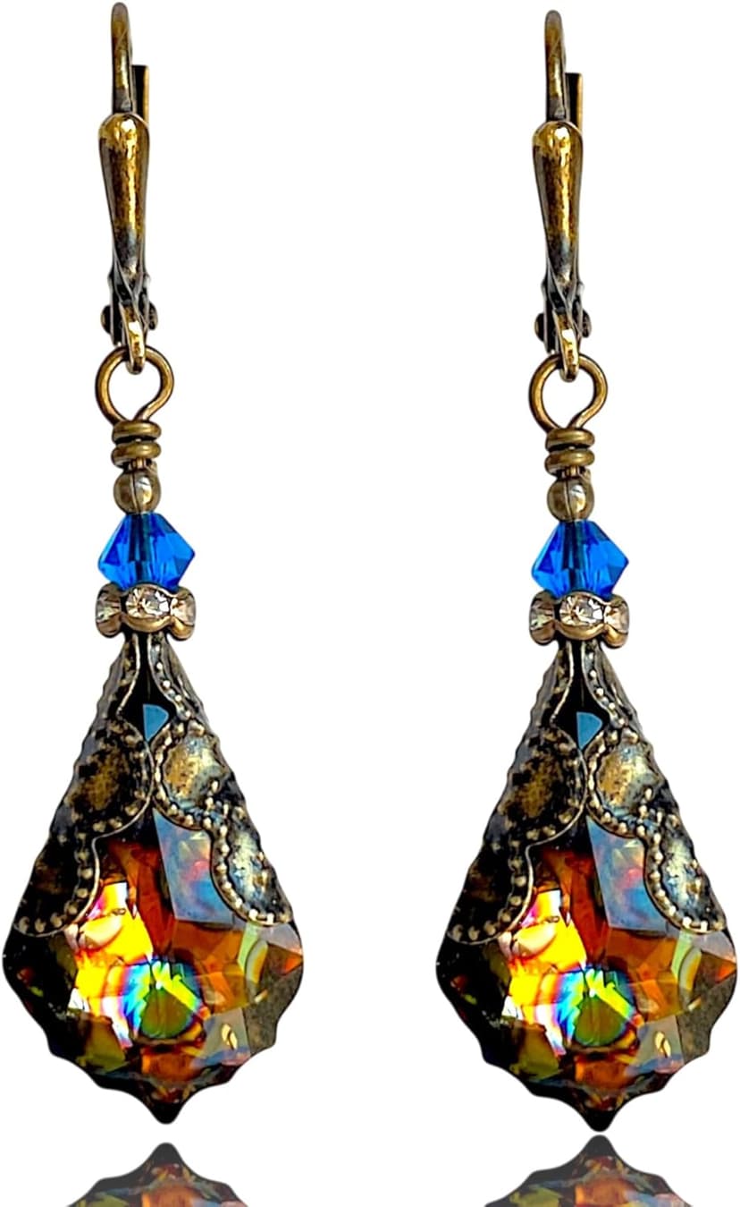 HisJewelsCreations Antique Inspired Vintage Victorian Dangle Drop Earrings for Women - Colored Austrian Crystal Leverback Earrings - Jewelry Gift for Her
