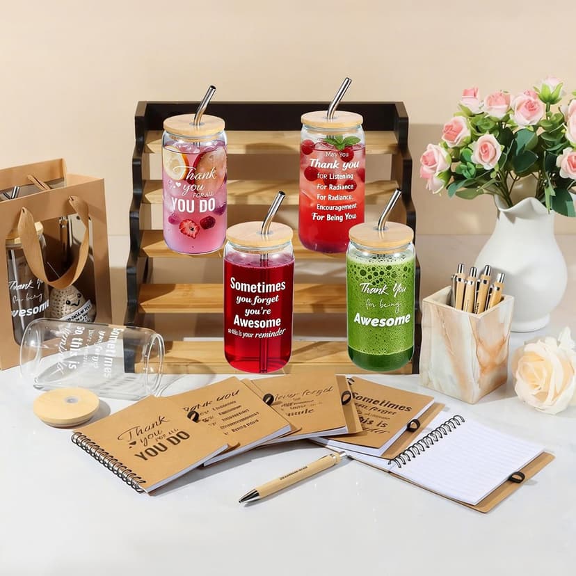 42 Pcs/6 Sets Employee Appreciation Gifts Bulk - Includes 16oz Glass Cups with Bamboo Lid, Positive Crochet, Inspirational Notebooks with Pens, Kraft Paper Gift Bags & Straw - Thank You Gifts for Coworkers, Teachers, Staff & Team B0G5MPS7K6