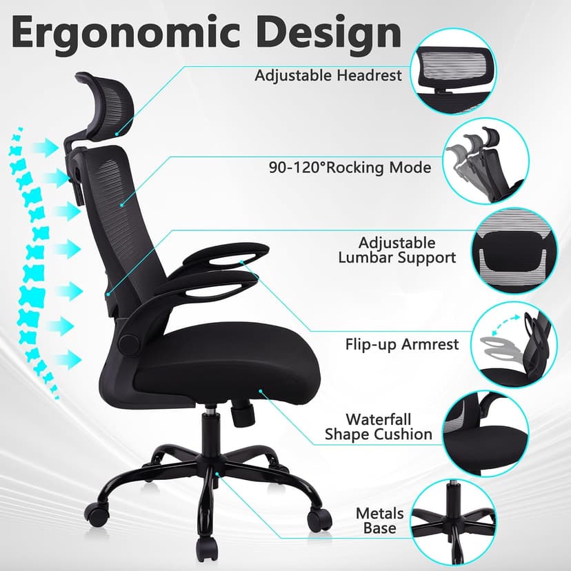 CLATINA Heavy Duty Ergonomic Mesh Office Chair 400LBS, Big and Tall Desk Chair with Adjustable Lumbar Support & Headrest, Flip Up Padded Arms, Swivel Computer Chair for Home, Study, Conference, Black