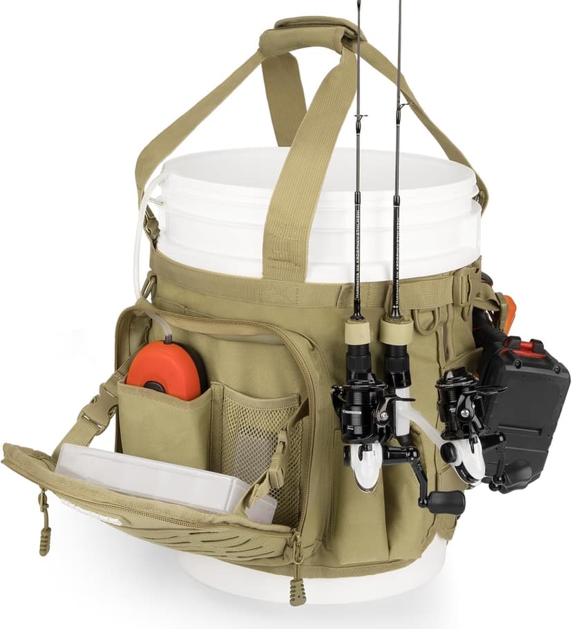 KastKing Karryall Fishing Bucket Organizer for 5 Gallon Bucket, Ice Fishing Tackle Bag with Adjustable Buckle, Rod & Plier Holder and Multi-Pockets for Fishing Gear & Accessories Storage,Khaki