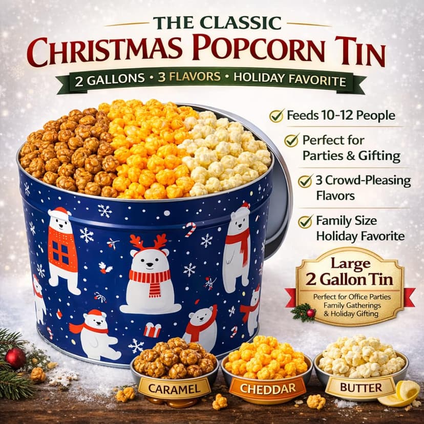 2 Gallon, 3 Flavors Uncle Myron's Christmas Popcorn Tin, 3 Flavors, Holiday Food Gift Basket B0FMZDY4VP
