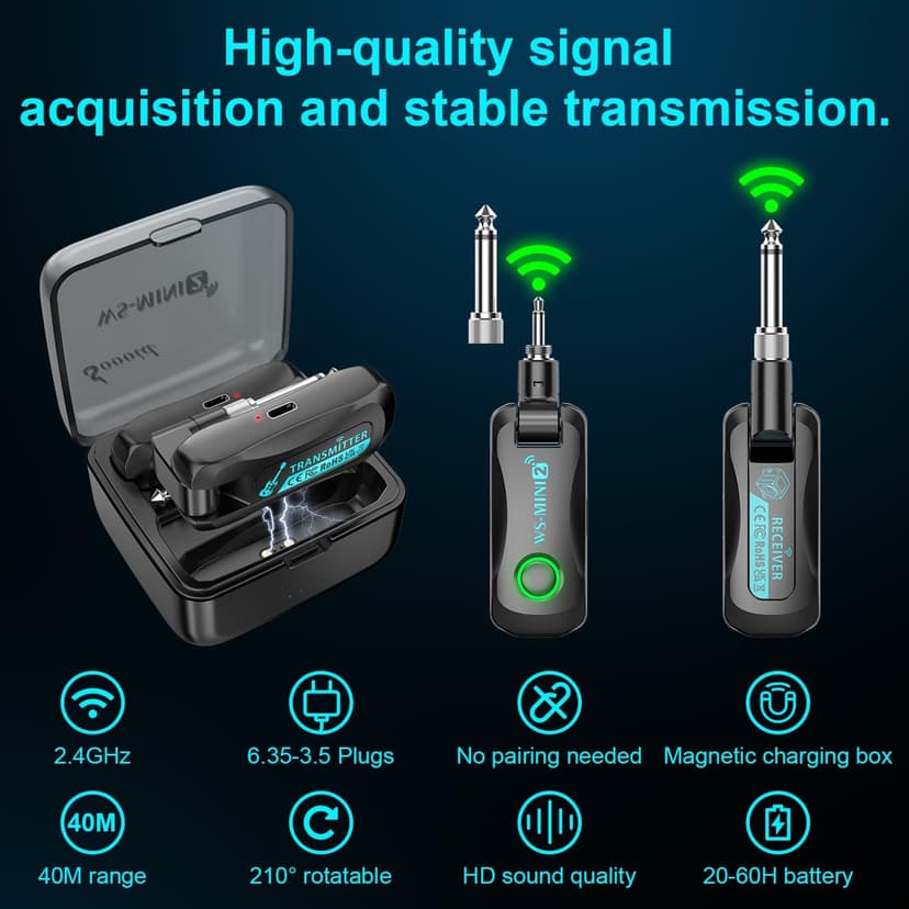 Sovvid Wireless Guitar System 2.4 GHz with Magnetic Charging Case Wireless Guitar Transmitter Receiver for Guitar Bass Electric Instruments