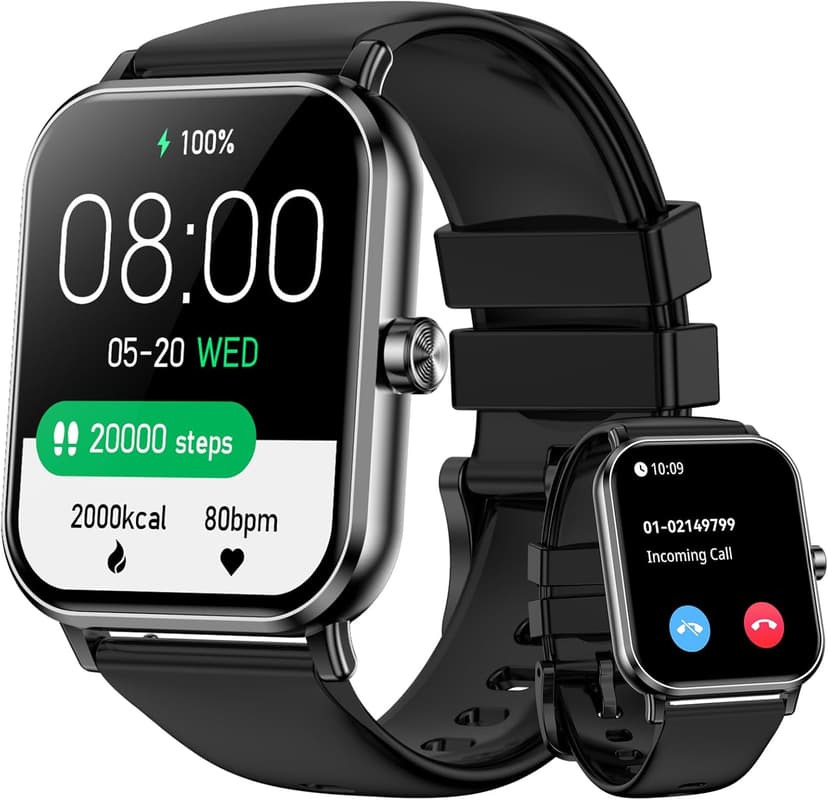 Smart Watch for Men Women, 1.85" HD Fitness Tracker with Bluetooth Calls, 5 ATM Waterproof, 130+ Sport Modes, 24/7 Heart Rate/Sleep Monitor, Pedometer, Calories, Smartwatch for iOS Android (Black)