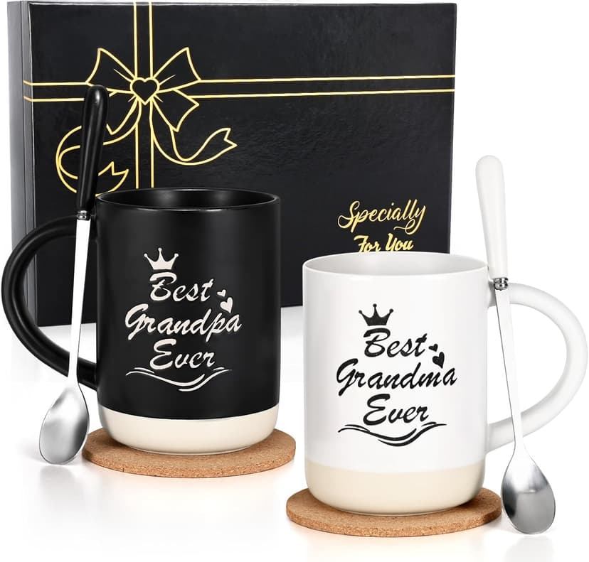 Cabtnca Gifts for Grandparents, Best Grandma and Grandpa Ever Mug Set, Christmas Grandparents Gifts for Grandma Grandpa from Granddaughter Grandkids, Grandparent Day Gift, 16 Oz Black & White