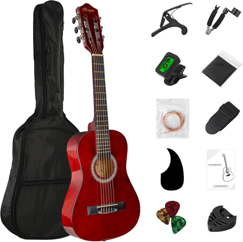 BESYOU 30in Beginner Kids Acoustic Guitar Basic Starter Kit Tuner Capo Strings Winders Strap Picks Student Youth Toddler Guitar Pickguard with Gig Bag Brown