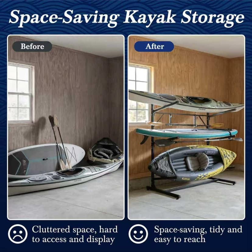 Faesun 3-Tier Kayak Storage Rack, Freestanding Kayak Rack with Paddle Hook, Adjustable Heavy Duty Kayak Stand with Ground Pegs, Storage Rack for Kayak, Canoe, Surfboard & Paddleboard