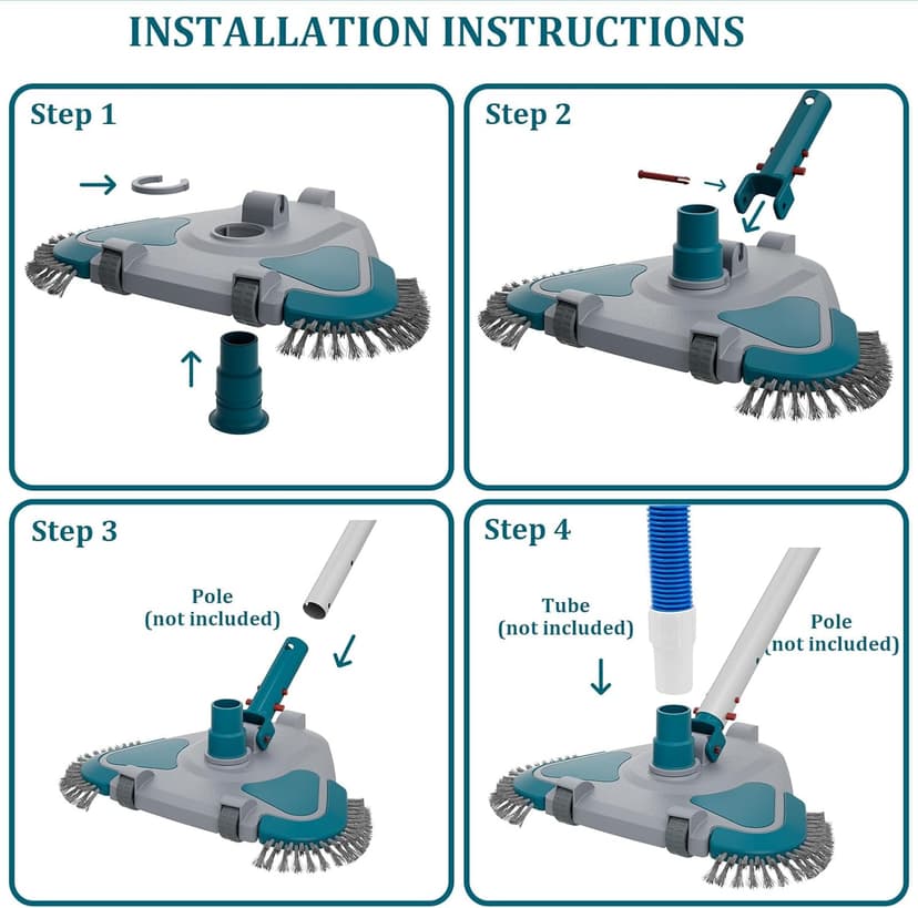 Upgrade Pro Weighted Triangular Pool Rotative Vacuum Head with Brush & EZ Clip Handle - for Cleaning Surface Safe on Vinyl Lined Pools