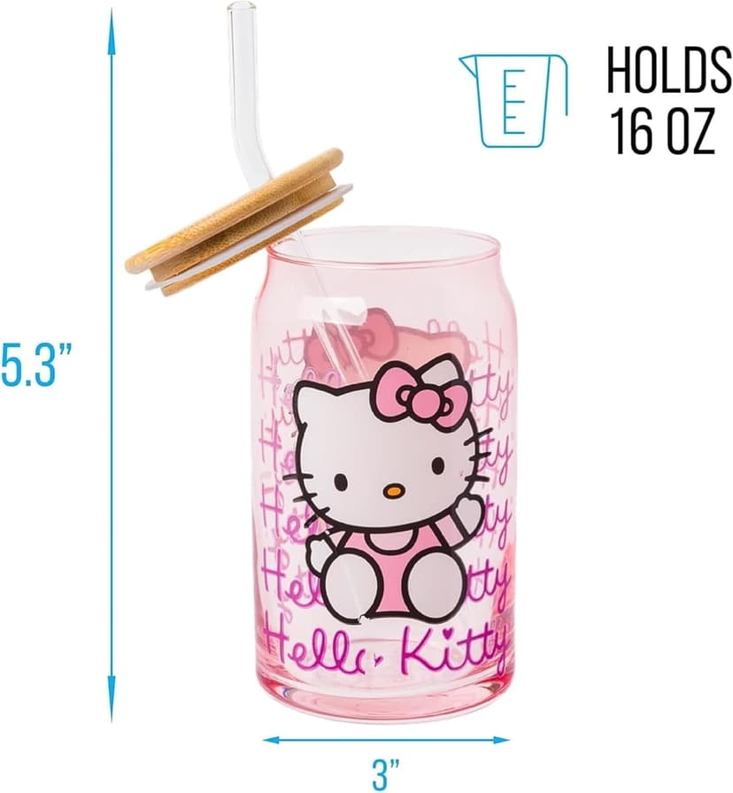 Silver Buffalo Sanrio Hello Kitty Waving Pink Glass Jar Tumbler with Bamboo Lid and Glass Straw, 16 Ounces