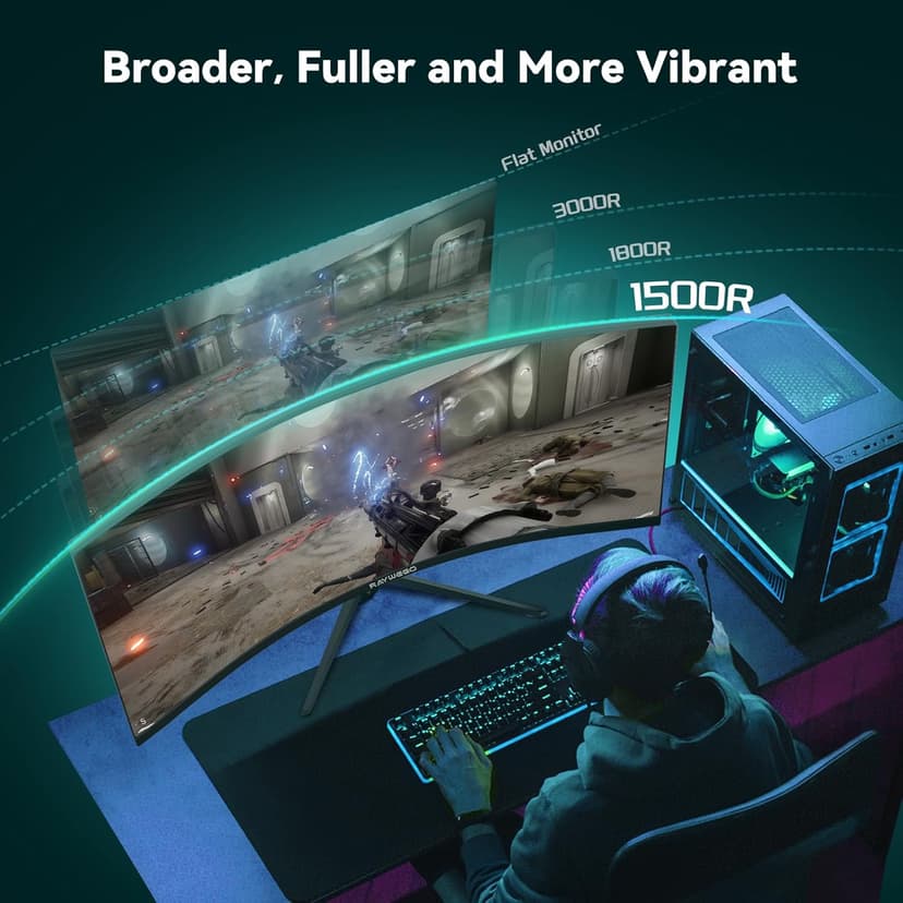 Raywego 34-Inch Curved Gaming Monitor UWQHD 3440 x 1440 Up to 165Hz Curved 1500R - PIP/PBP, 1ms(MPRT), HDR, 300nits, sRGB 99%, DCI-P3 95%,FreeSync,HDMIx2,DP1.4 x2 (DP Cable Included)