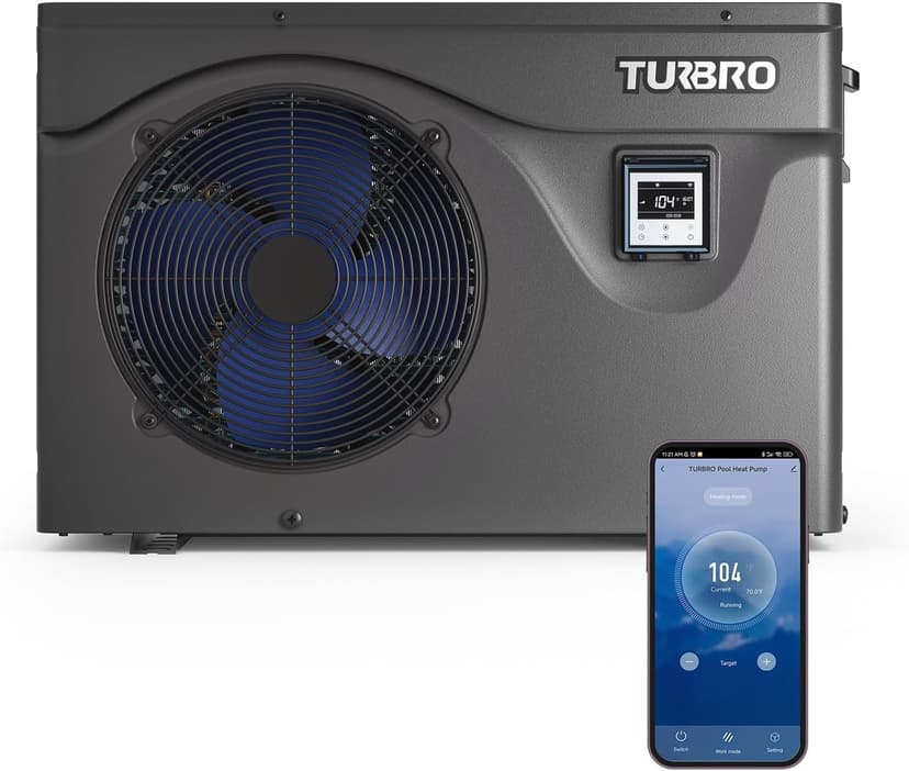TURBRO 50,000 BTU Inverter Swimming Pool Heat Pump, Electric Pool Heater for in and Above-Ground Pools up to 16,000 Gallons, WiFi Enabled, Timer, 15.90 COP, 220-240 V, IPX4-Waterproof, Beluga Series