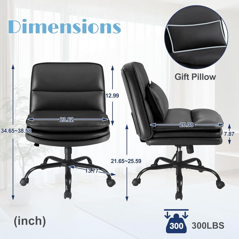 Furmax Criss Cross Legged Office Chair with Wheels, Armless Extra Wide Seat Swivel Desk Chair, Adjustable Height Comfy Task Chair with Thick Cushion for Home Office Bedroom Vanity (PU Leather, Black)
