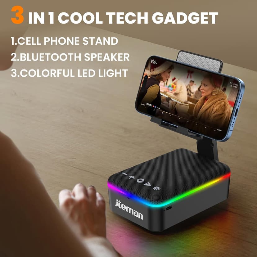 JTEMAN Gifts for Men Women,Cell Phone Stand with Bluetooth Speaker,LED Light,and Lanyard,Cool Tech Gadgets,Unique Birthday Gifts for Men Husband Mom Dad