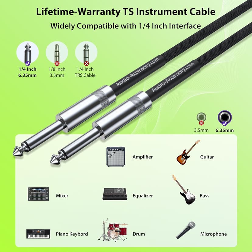 AA AUDIO ACCESSORY Guitar Cable 10 ft 2 Pack, Nylon Braided Anti-Kinking Kevlar-Reinforced, 20AWG 99.99% OFC, Heat-Shrink Protected 1/4 Instrument Cable, Shielded Amp Cord for Fender Electric Guitar