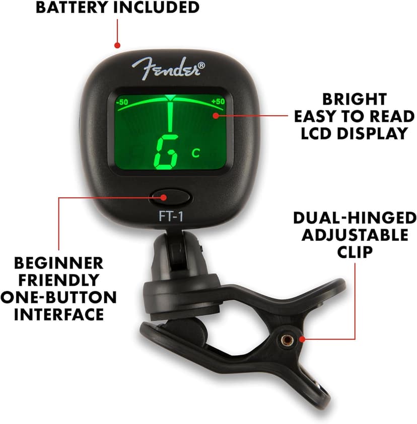 Fender FT-1 Professional Guitar Tuner Clip On, with 1-Year Warranty, Full-Range Chromatic Guitar Tuner with Dual-Rotating Hinges, A4 Calibration