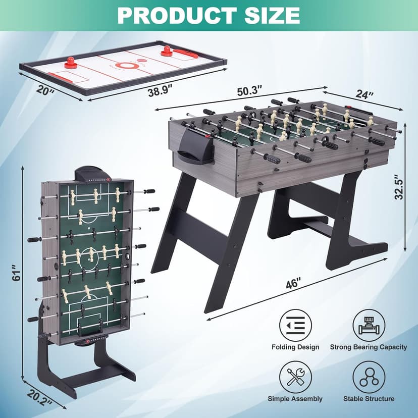 RAYKEEP Foldable Multi Game Table, 4-in-1 Combo Game Table Set with Ping Pong, Hockey, Pool Billiards and Foosball for Adults, Home, Game Room, Friends & Family