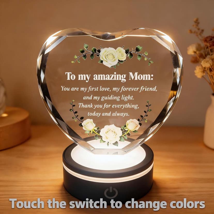 Premium K9 Crystal, Laser Engraved, 6-Color USB LED Base, Gift Box Packaging, Perfect Present for Birthdays & Christmas Crystal Heart Keepsake for Mom, Color Changing LED, Mothers Day Gift B0GS15MD5Z