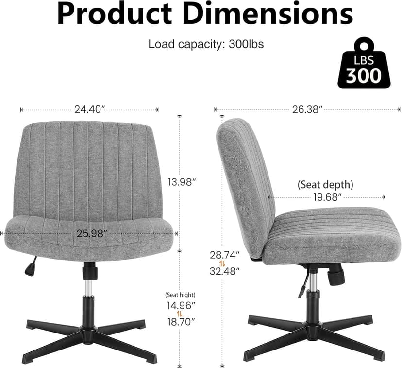 OLIXIS Criss Cross Legged Chairs Armless No Wheels Wide Seat Height Adjustable Swivel Padded Fabric Home Office Desk Seating for Bedroom, Student, Study Room