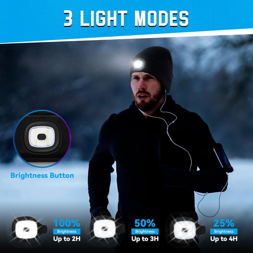Christmas Stocking Stuffers for Men Adults, Beanie Hats with Light, USB Rechargeable LED Hand Free Headlamp, Birthday Gifts for Men, Women, and Teens, Ideal for Camping, Hiking, Black