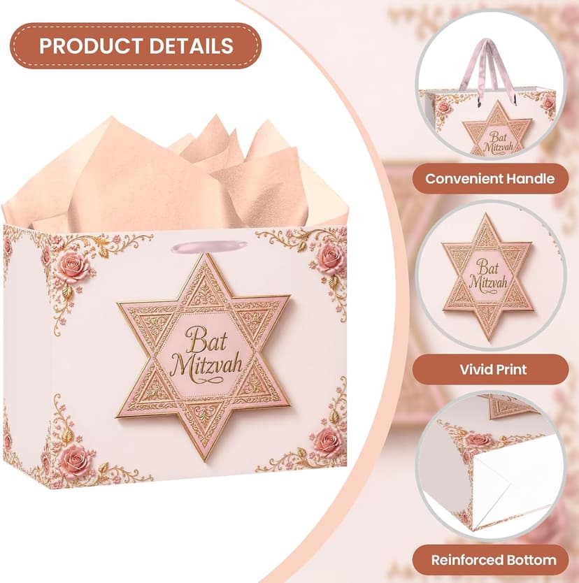 Bat Mitzvah Gift Bag Set Pink Rose Gold Star of David Paper Wrapping Bag with Ribbon Handles Tissue Paper Greeting Card All In One for Jewish Coming of Age Party Favor Celebration Decoration Supplies B0H5QYF944